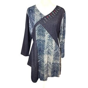 Parsley & Sage L  V-Neck Tunic Top Blue Button Detail Art to Wear Pullover